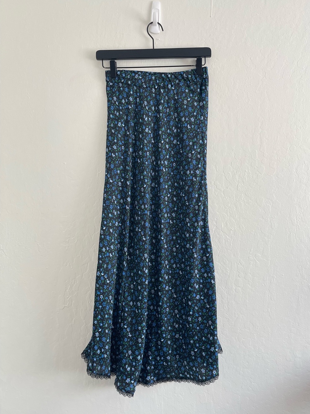 ZARA Maxi Satin Black Blue Floral Slip Skirt Lace Trim Whimsy Goth Womens Small - Picture 2 of 5